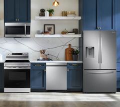 SAMSUNG 4 Piece Kitchen Package with a 27 cu. ft. French Door Refrigerator w/ Dispenser PLUS a FREE 10 PC Luxury Cookware Set and a FREE $100 Furniture Gift Card