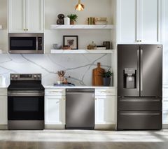 LG 4 Piece Kitchen Package with a 27.8 Cu. Ft. Double Freezer French Door Refrigerator PLUS a FREE 10 PC Luxury Cookware Set