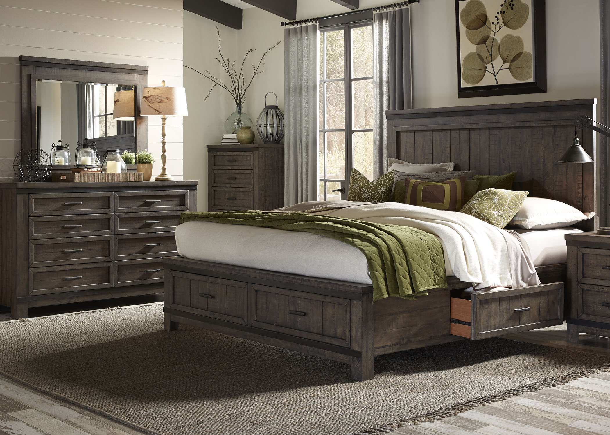 Liberty Furniture Thornwood Hills Bedroom King Two Sided Storage Bed, Dresser, and Mirror Collection