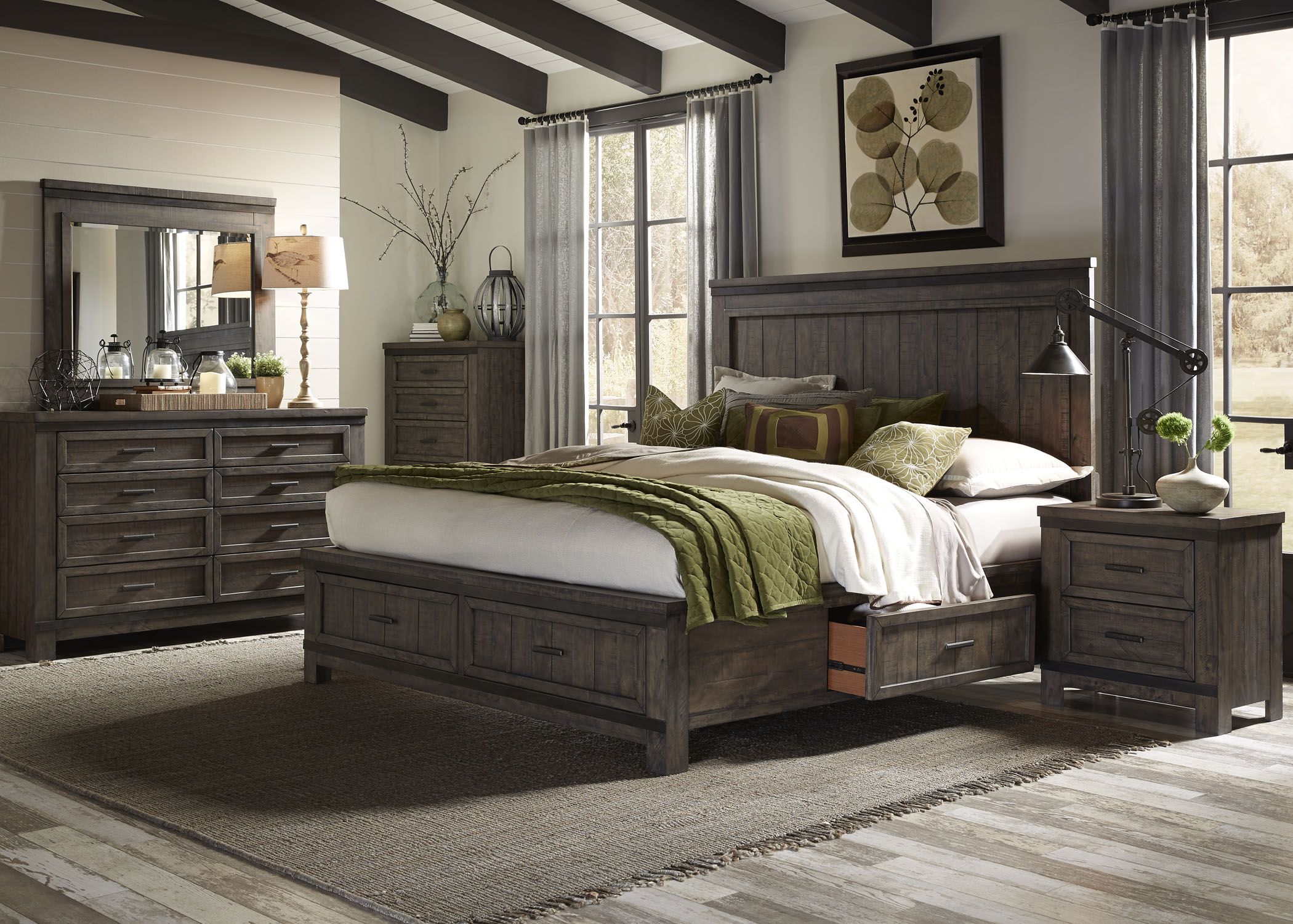 Liberty Furniture Thornwood Hills Bedroom King Two Sided Storage Bed, Dresser, Mirror, and Night Stand Collection