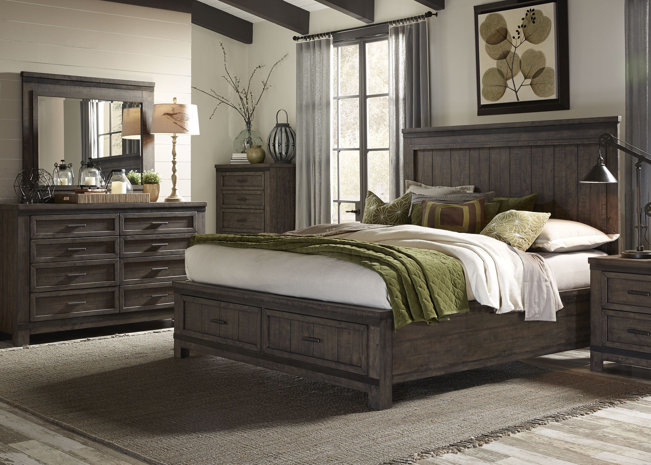 Liberty Furniture Thornwood Hills Bedroom King Storage Bed, Dresser, and Mirror Collection