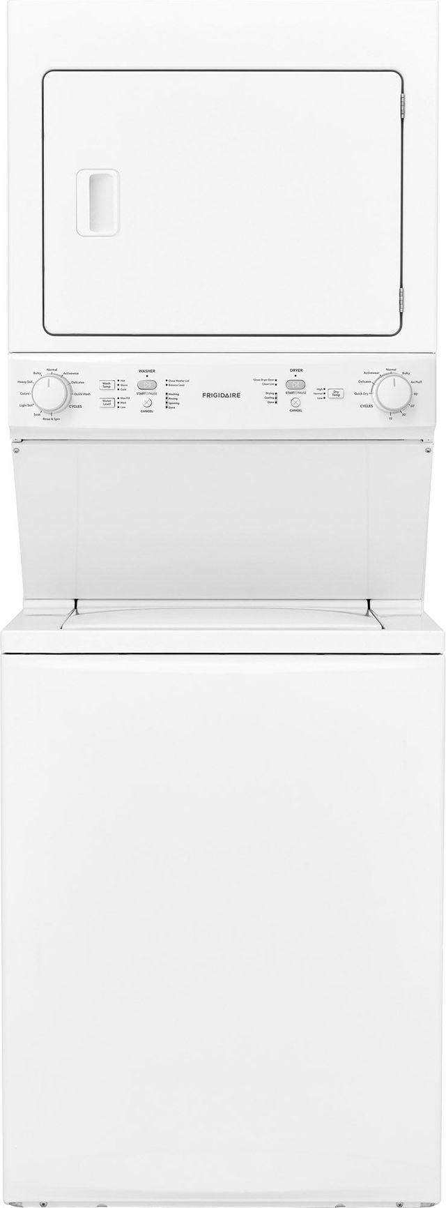 Frigidaire® 3.9 Cu. Ft. Washer, 5.5 Cu. Ft. Dryer White Stack Laundry Center 0