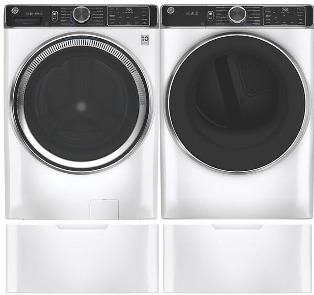 GE 850 Series White Front Load Washer & Electric Dryer Package w/ Pedestals-0