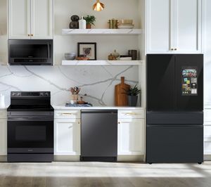 Samsung 4-Piece Package with 23 cu. ft. Bespoke 4-Door Family Hub Refrigerator PLUS FREE Luxury Cookware! ($800 Value) PLUS a FREE $200 Furniture Gift Card!