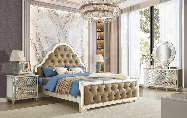 beige and silver bedroom