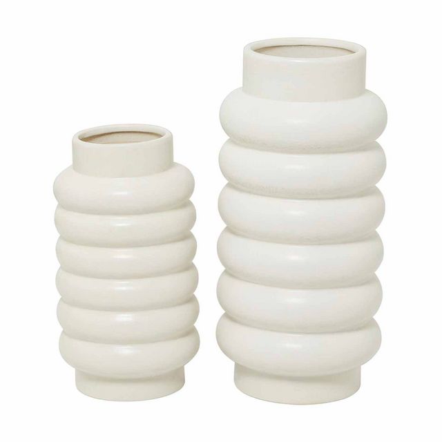 Uma Home Cosmoliving White Ceramic Vases with Ring Ribbing (Set of 2)-0