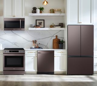 Samsung 4 Pc Kitchen Package with a BESPOKE 30 cu. ft 3-Door French Door Refrigerator with AutoFill Water Pitcher PLUS FREE 10pc Luxury Cookware! ($800 Value!)