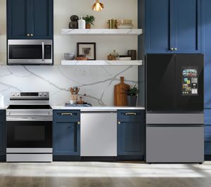 Samsung 4-Piece Package with 23 cu. ft. Counter Depth Bespoke 4-Door Family Hub Refrigerator PLUS FREE Luxury Cookware! ($800 Value) PLUS a FREE $200 Furniture Gift Card!