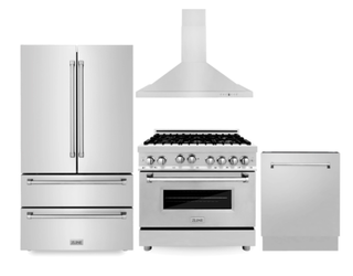 ZLINE Kitchen Package with Refrigeration, 36" Stainless Steel Gas Range, 36" Convertible Vent Range Hood and 24" Tall Tub Dishwasher