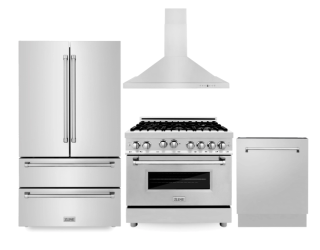 ZLINE Kitchen Package with Refrigeration, 36" Stainless Steel Gas Range, 36" Convertible Vent Range Hood and 24" Tall Tub Dishwasher-0