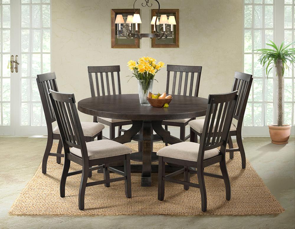 Elements Stone Round Pedestal Table & 6 Slat Back Side Chairs