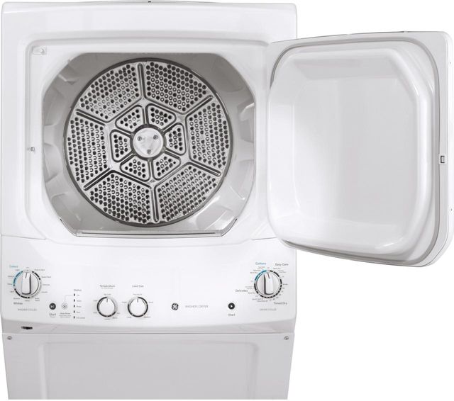 GE® 3.8 Cu. Ft. Washer, 5.9 Cu. Ft. Dyer White on White Stack Laundry 2