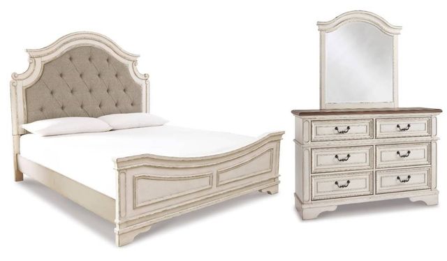 Signature Design by Ashley® Realyn 3-Piece Chipped White Queen Upholstered Panel Bed Set