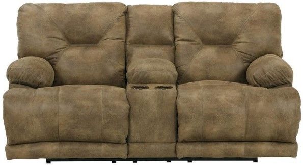 Catnapper® Voyager Brandy Reclining Lay Flat Console Loveseat with Storage and Cupholders 1