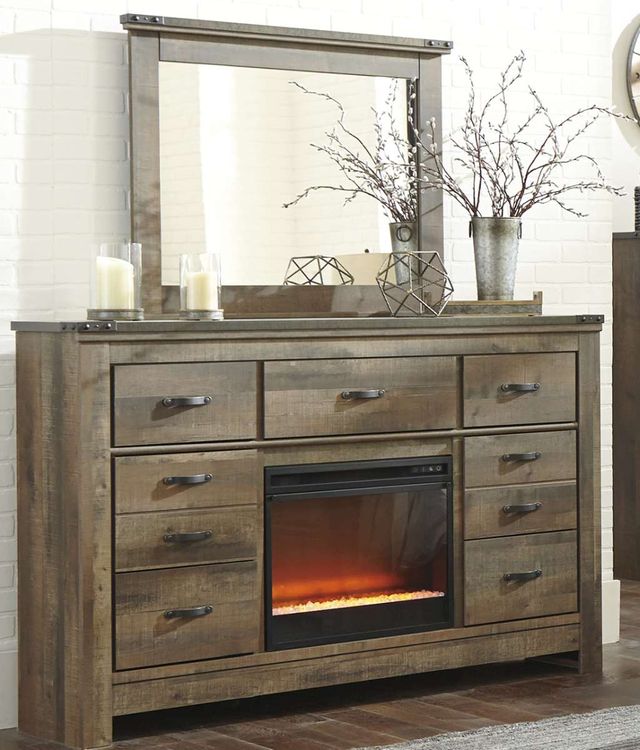 Signature Design by Ashley® Trinell Brown Dresser and Mirror with Fireplace-1