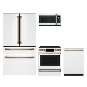 GE Cafe Matte White 4pc Smart Appliance Package - 28.7 cu.ft. 4Door French Door Fridge and Convection Electric Slide-In Range w/ Air Fry