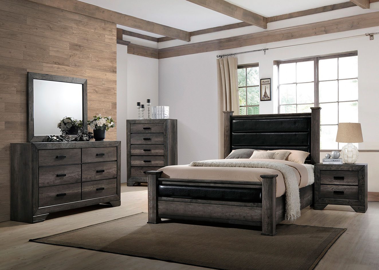 Elements Nathan Queen Post Bed, Dresser, Mirror and Nightstand