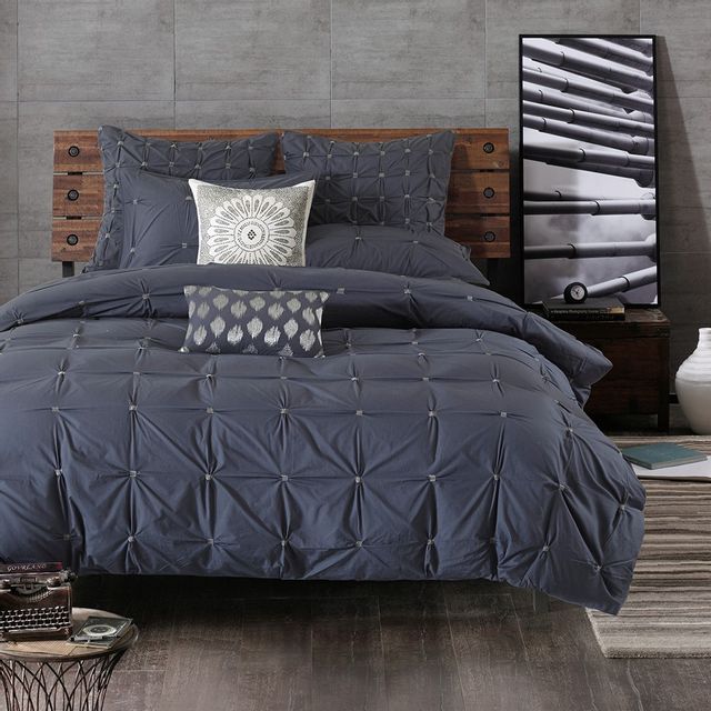 Olliix by INK+IVY 3 Piece Navy Full/Queen Masie Elastic Embroidered Cotton Duvet Cover Set-1