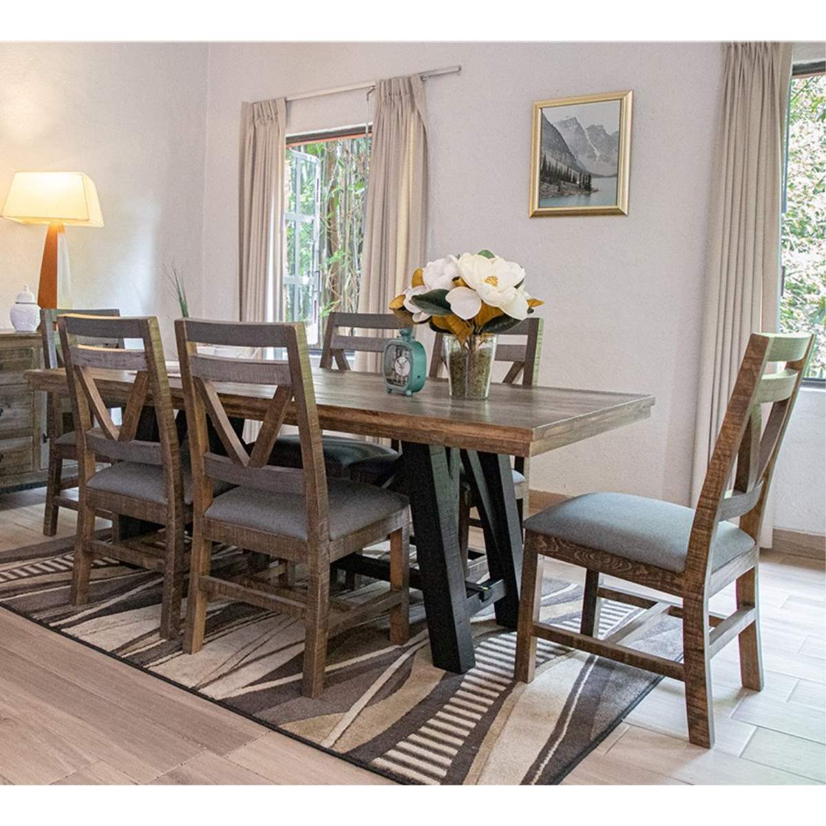 International Furniture Direct Loft Brown Trestle Table & Six Upholstered Side Chairs