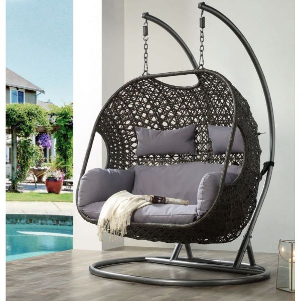 gray wicker porch swing