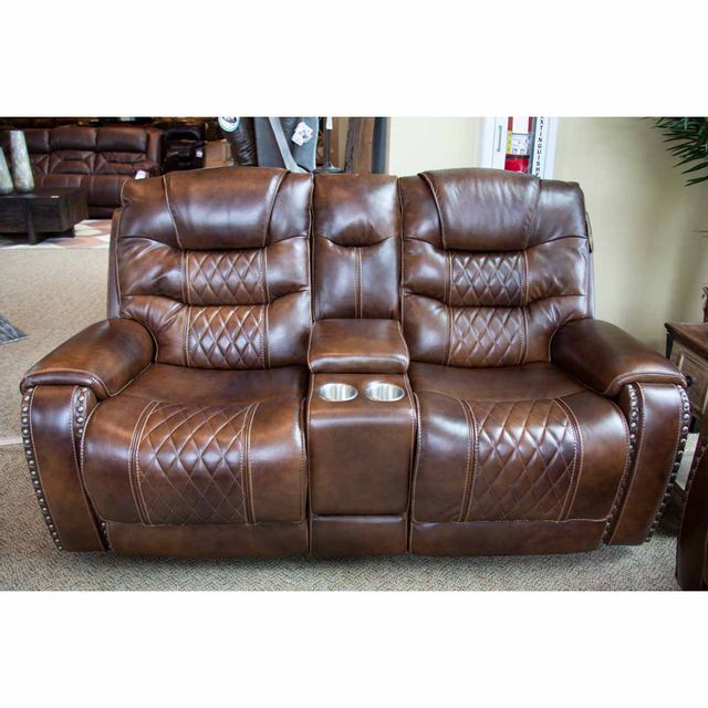 Corinthian Furniture Sahara Leather Power Recliner Console Loveseat with Power Headrests-1