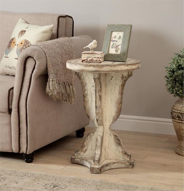 Coast to Coast Accents™ Slipper Aged Cream Display Pedestal Round Accent Table-2