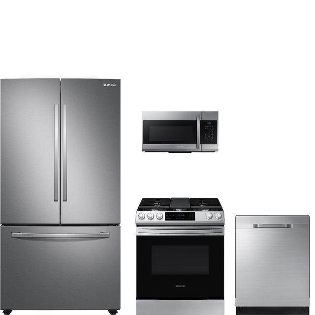 Samsung 4-Piece Gas Package with 28 cu.ft. French Door Refrigerator and Smart Slide-In Convection Range