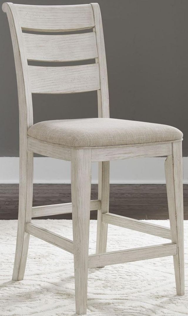 Liberty Farmhouse Reimagined Antique White Ladder Back Upholstered Counter Chair 6
