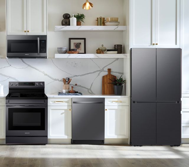 Samsung 4-Piece Black Stainless Steel Kitchen Package with a 29 cu. ft. Smart Bespoke 4-Door Flex™ Refrigerator PLUS FREE 10pc Luxury Cookware ($800 Value!)