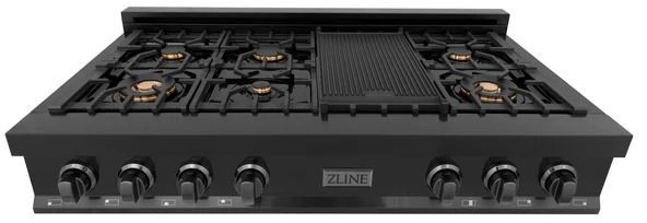 ZLINE 48" Black Stainless Steel Gas Rangetop with Brass Burners and Griddle