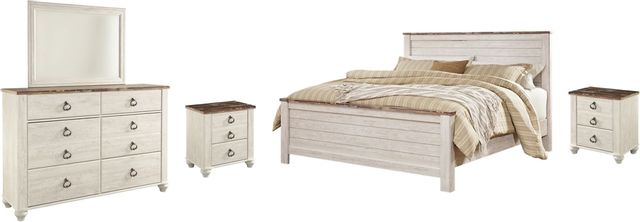 Signature Design by Ashley® Willowton 5-Piece Whitewash King Panel Bed Set
