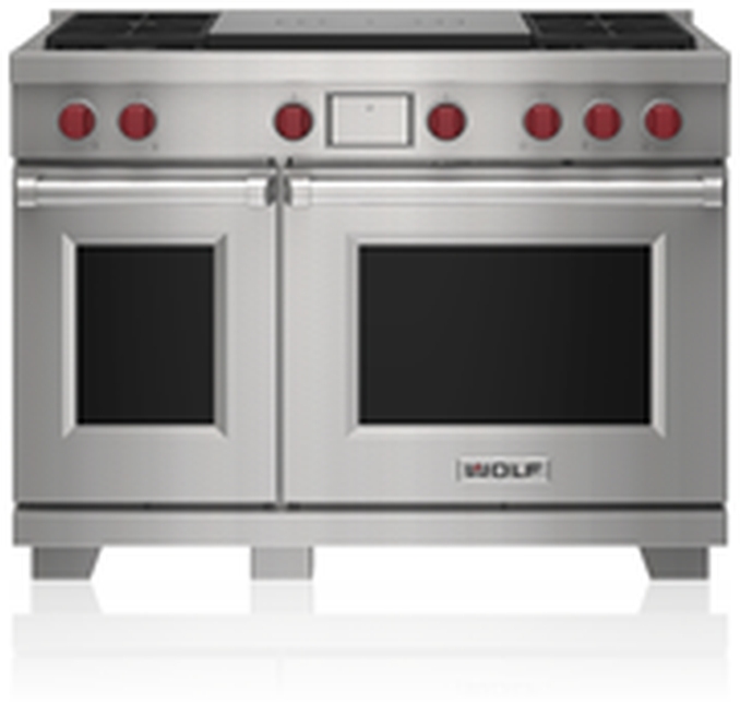 Wolf 48" Stainless Steel Freestanding Dual Fuel Range and Infrared Charbroiler and Infrared Griddle