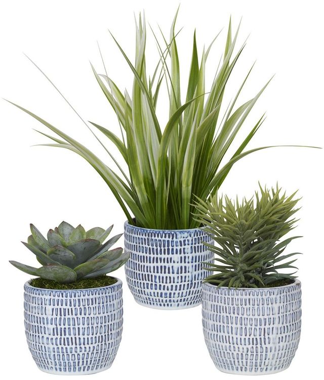 Uttermost® Puebla Set of 3 Greenery in Blue & White Pots 0