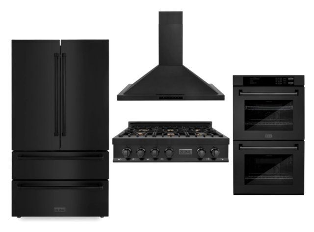ZLINE Kitchen Package with Black Stainless Steel Refrigeration, 36" Rangetop, 36" Range Hood and 30" Double Wall Oven-0