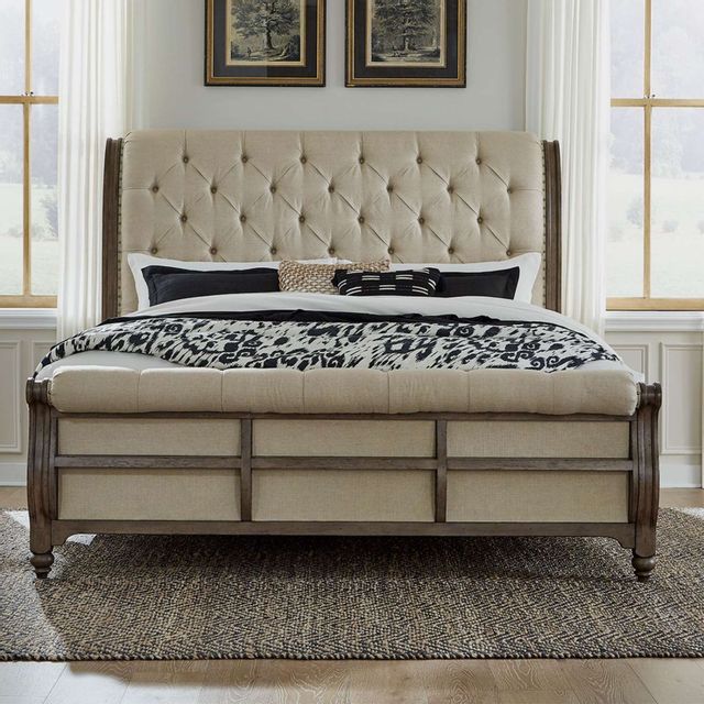 Liberty Americana Farmhouse King Upholstered Sleigh Bed, Dresser/Mirror, & Nightstand-1