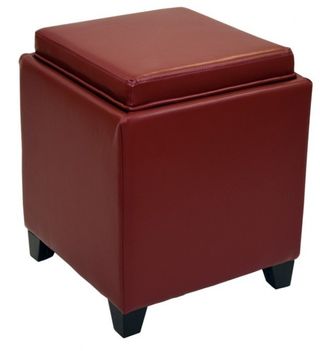 Armen Living Rainbow Red Bonded Leather Storage Ottoman With Tray