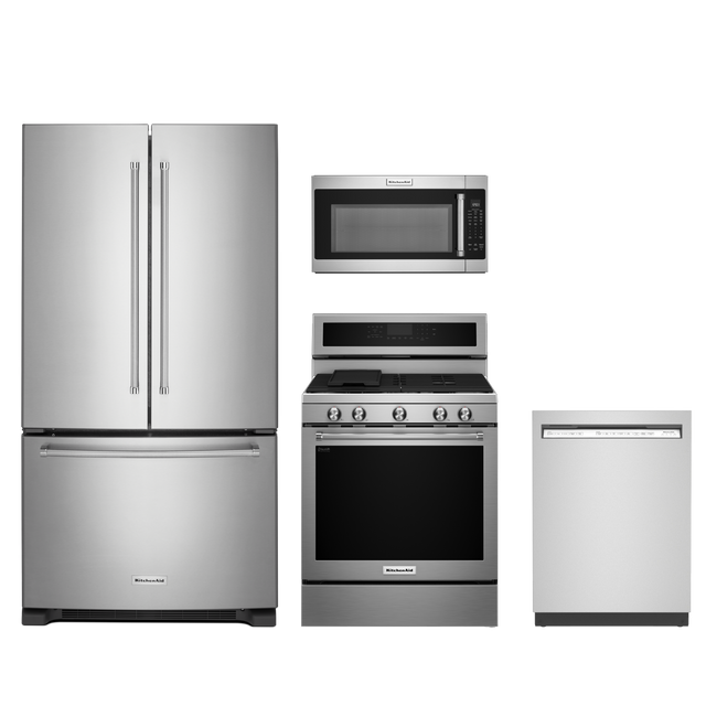 KitchenAid 4pc Appliance Package - 20 Cu. Ft. Counter-Depth French Door Fridge and Convection Gas Range