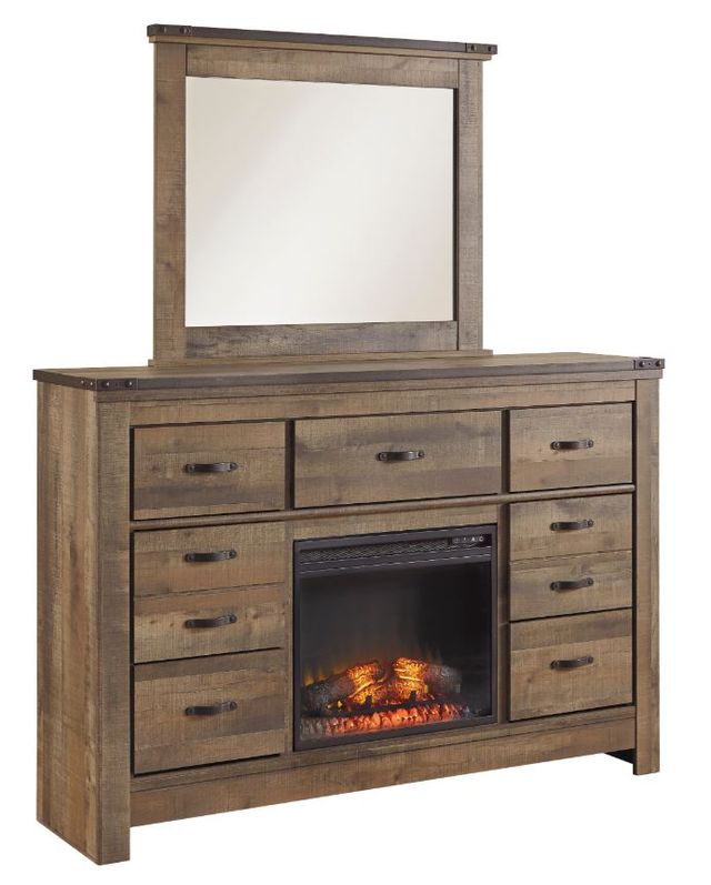 Signature Design by Ashley® Trinell Rustic Brown Dresser and Mirror with Fireplace