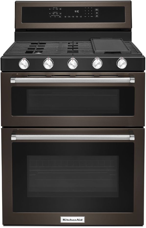 KitchenAid® 30" Black Stainless Steel with PrintShield™ Finish Free Standing Gas Double Convection Range-KFGD500EBS