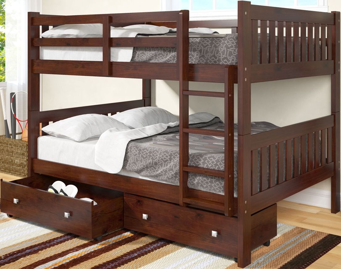 Donco Trading Company Dark Cappuccino Full/Full Mission Bunk Bed With Dual Under Bed Drawers