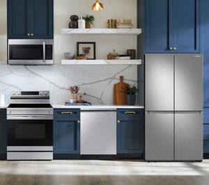 Samsung 4 Pc Kitchen Package with a 23 cu. ft. Counter-Depth 4-Door Flex French Door Refrigerator with AutoFill Water Pitcher PLUS a FREE Countertop Ice Maker!