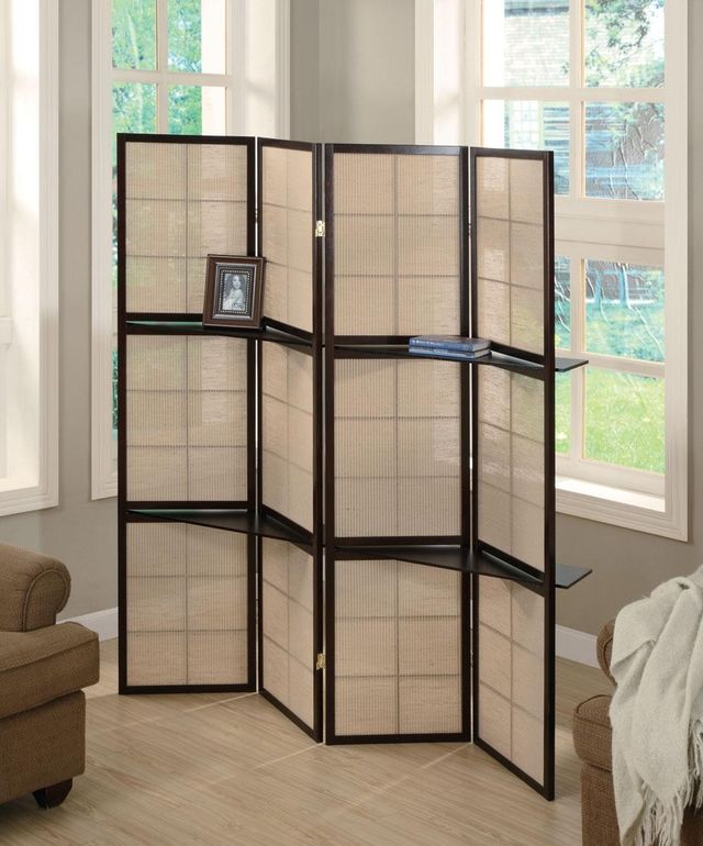 Coaster® Iggy Tan/Cappuccino 4-Panel Folding Screen with Removable Shelves-1