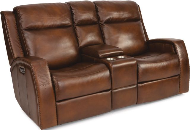 Flexsteel® Mustang Brown Power Reclining Loveseat with Console and Power Headrests 0