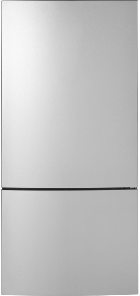 GE bottom freezer refrigerator in stainless steel