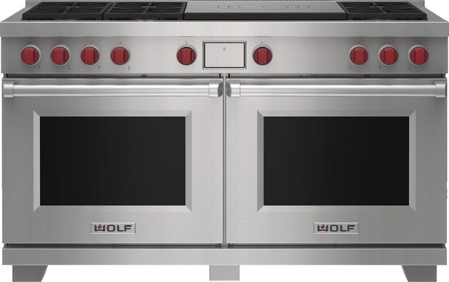 Wolf® 60" Liquid Propane Stainless Steel Freestanding Dual Fuel Range and French Top-0