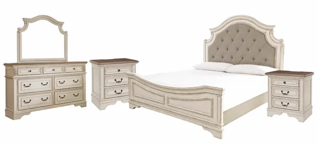 Signature Design by Ashley® Realyn 5-Piece Chipped White California King Upholstered Panel Bed Set