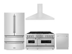 ZLINE Kitchen Package with Refrigeration, 60" Stainless Steel Dual Fuel Range, 60" Convertible Vent Range Hood and 24" Tall Tub Dishwasher