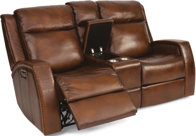 Flexsteel® Mustang Brown Power Reclining Loveseat with Console and Power Headrests 2