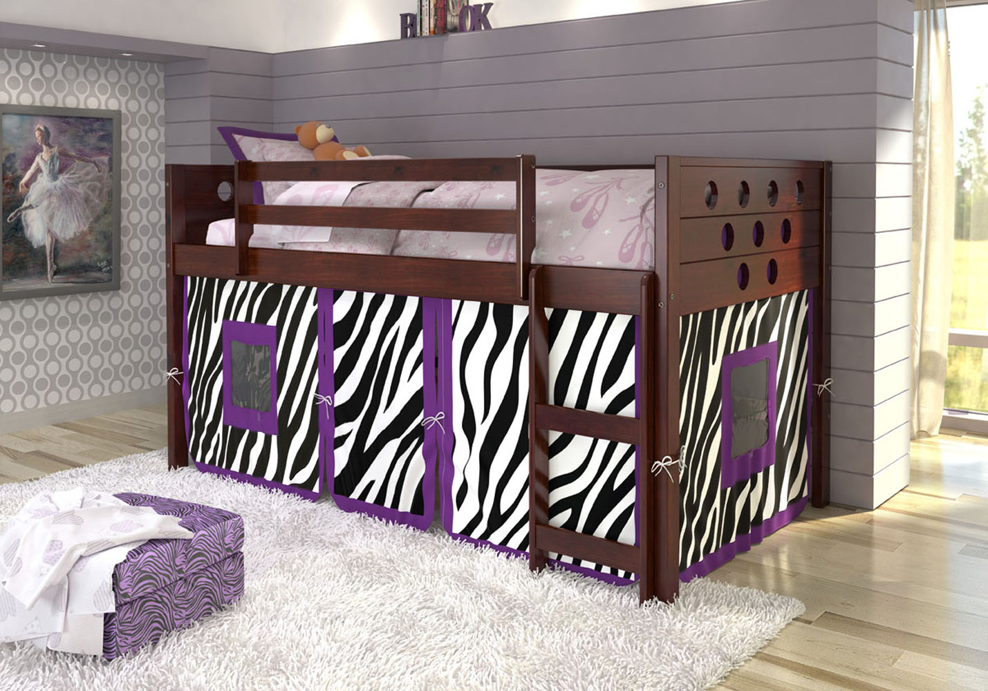 Donco Trading Company Youth Dark Cappuccino/Zebra Twin Circle Low Loft Tent Bed