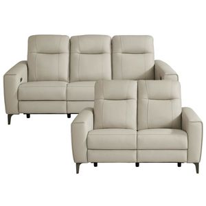 Parkside Heights Beige Leather Dual Power Reclining Sofa and Stationary Loveseat